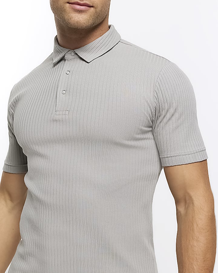 Grey muscle fit rib short sleeve polo