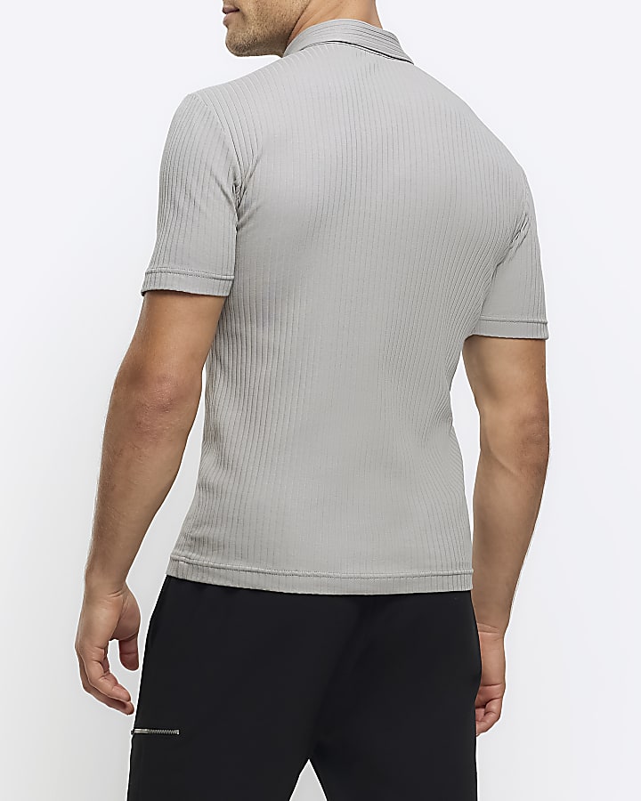 Grey muscle fit rib short sleeve polo