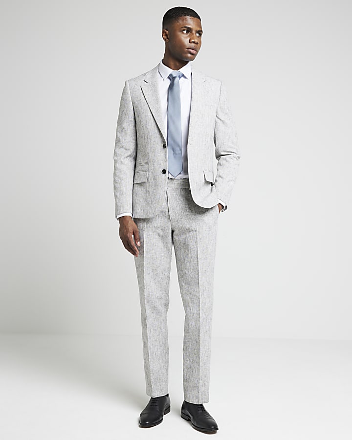 Grey slim fit textured suit trousers