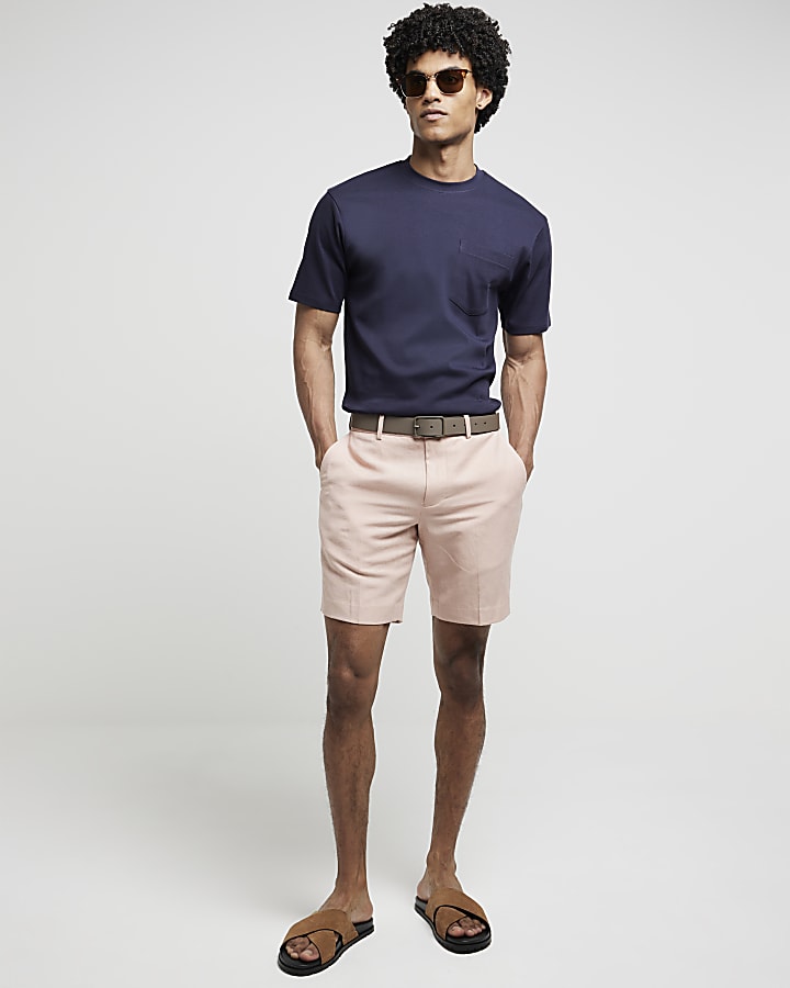 Pink slim fit linen blend shorts