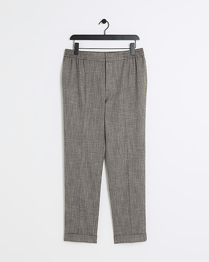 Brown slim fit textured smart trousers