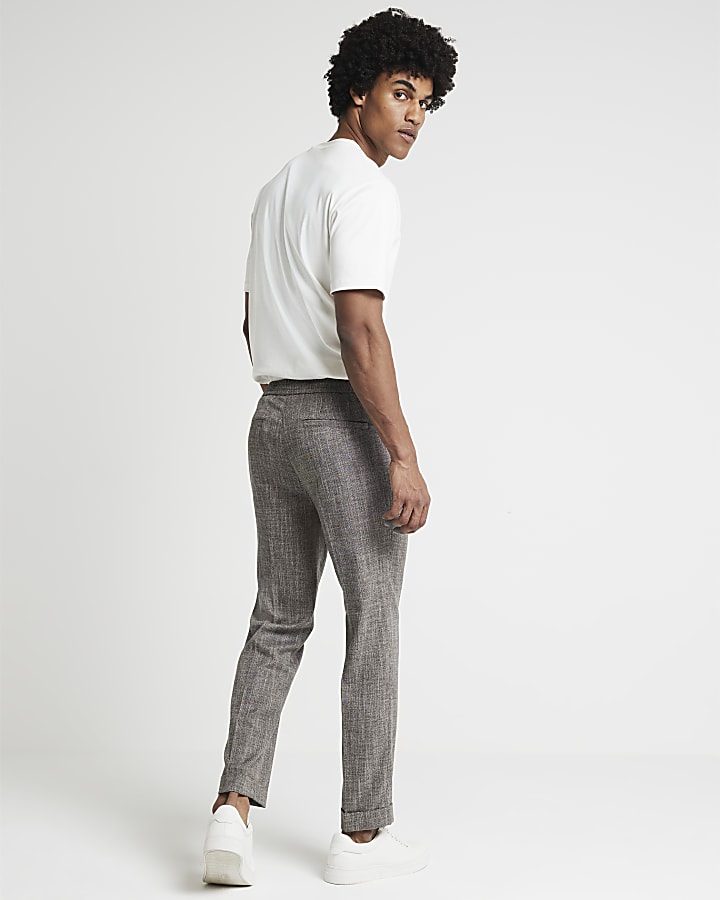 Brown slim fit textured smart trousers