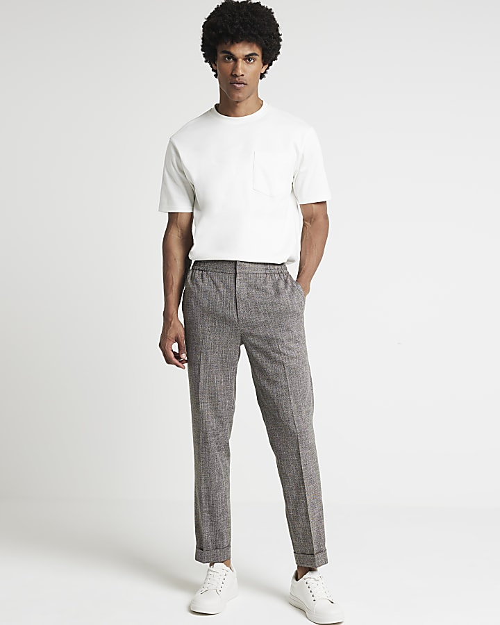 Brown slim fit textured smart trousers