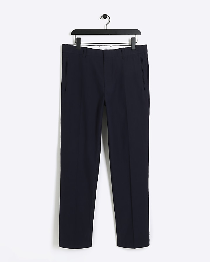 Navy slim fit textured smart trousers