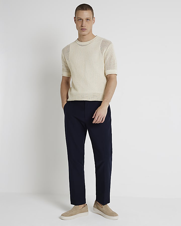 Navy slim fit textured smart trousers