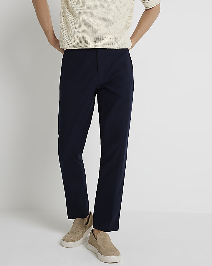 Navy slim fit textured smart trousers