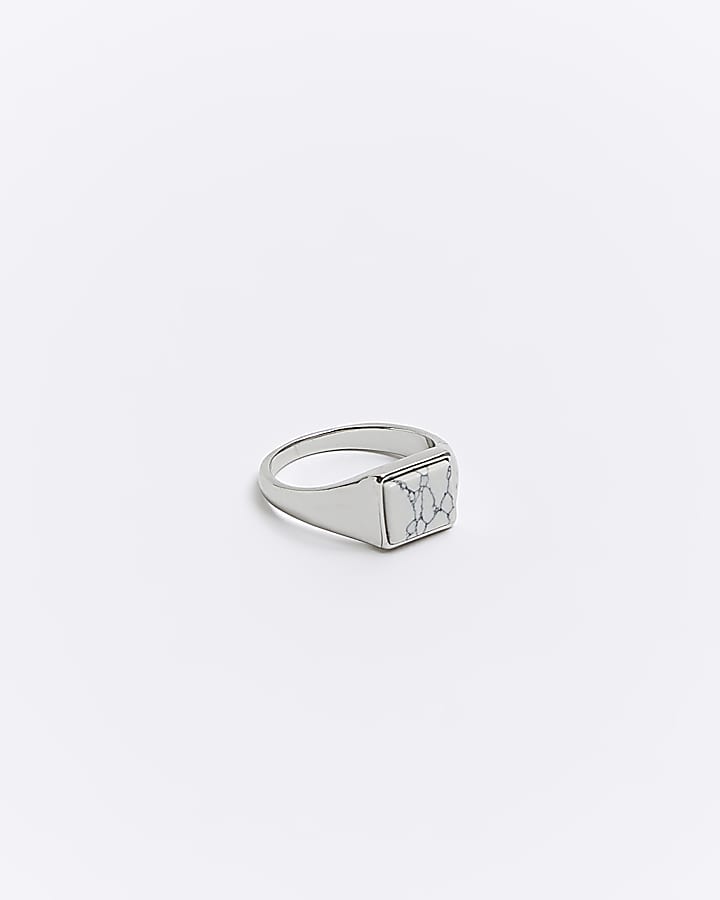 Silver colour marble signet ring