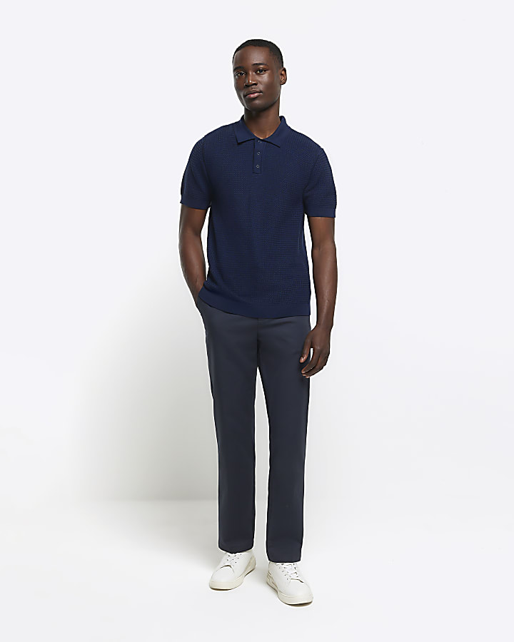 Navy slim fit textured knit polo