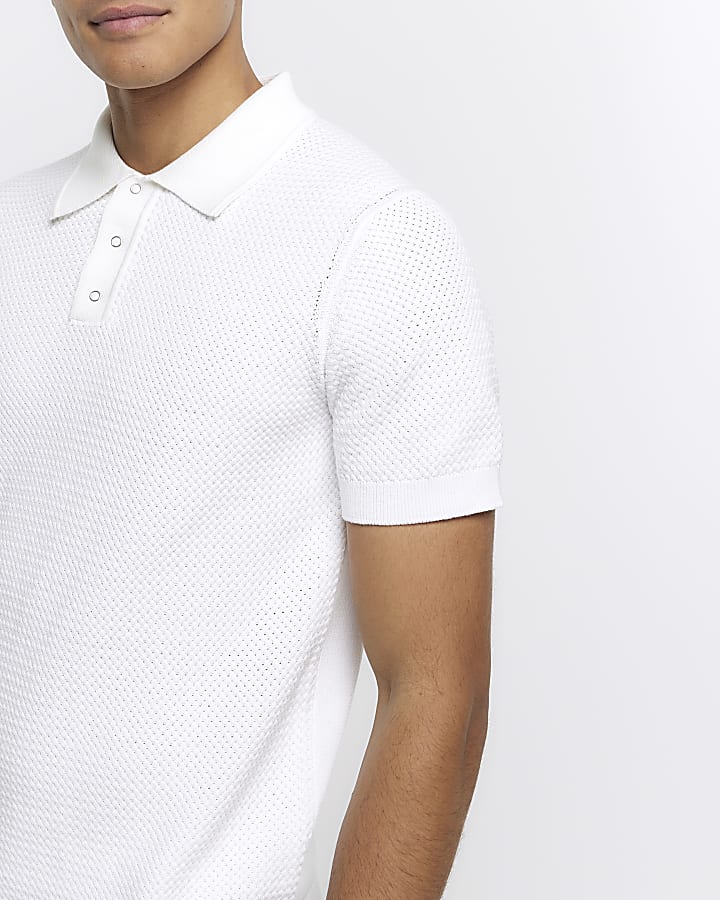 White slim fit textured knit polo