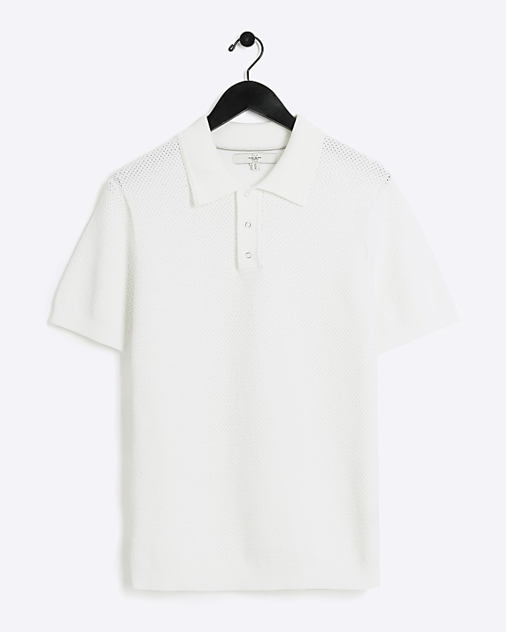 White slim fit textured knit polo