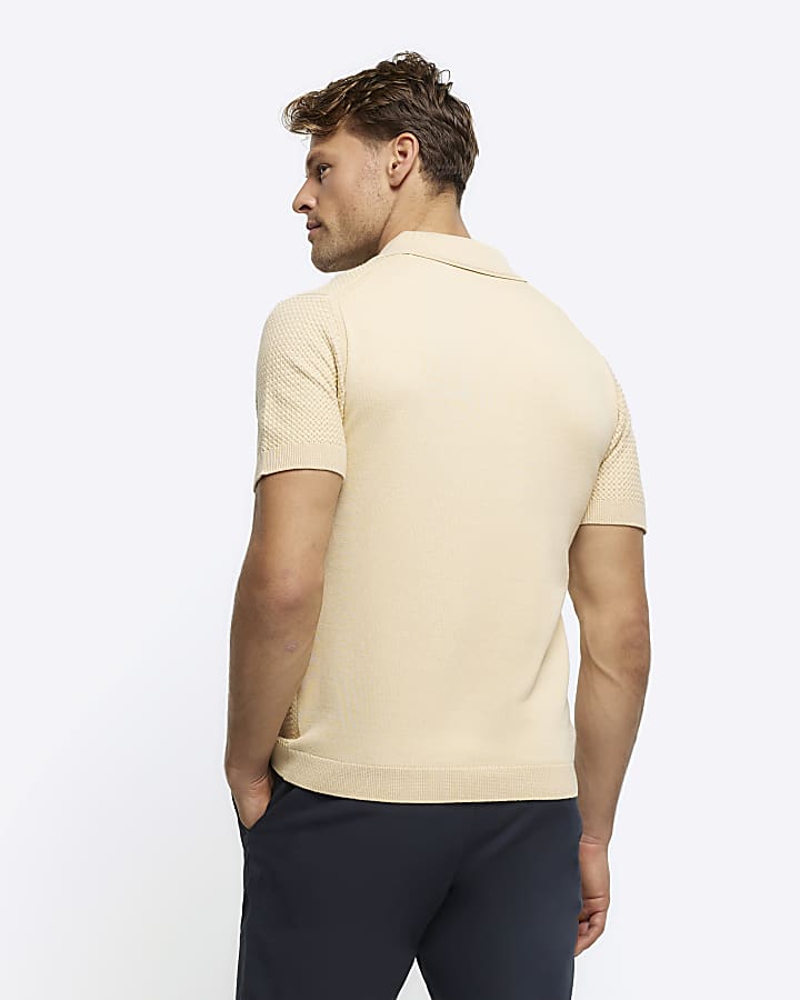 Yellow slim fit textured knit polo