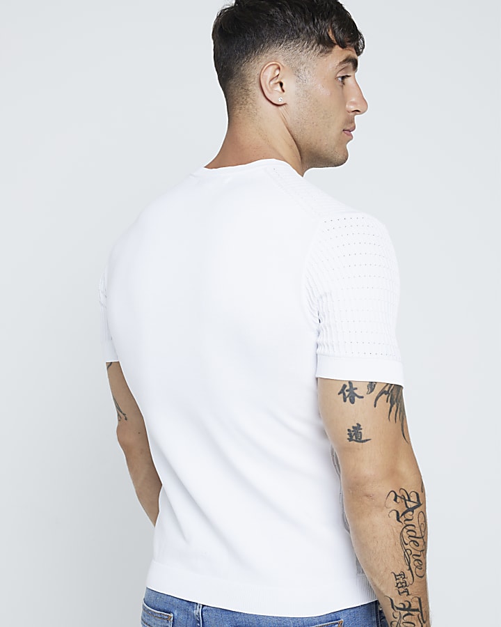 White muscle fit stretch knit t-shirt