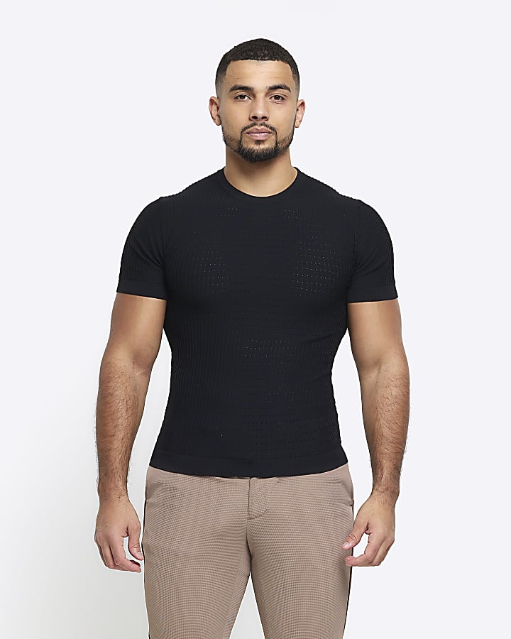 Black muscle fit brick knit t-shirt