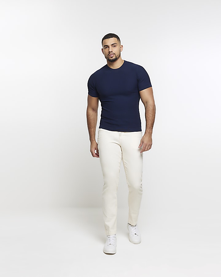 Navy muscle fit brick knit t-shirt