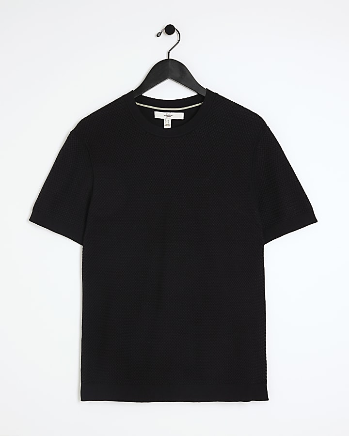 Black slim fit textured knit t-shirt