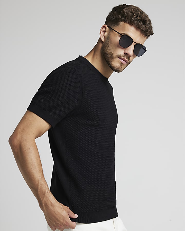 Black slim fit textured knit t-shirt