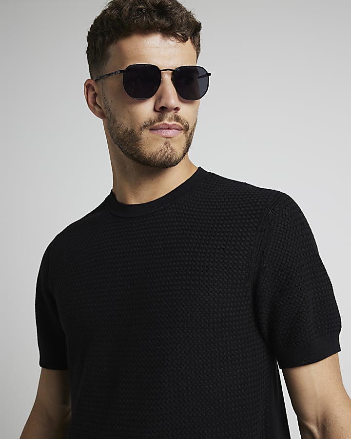 Black slim fit textured knit t-shirt