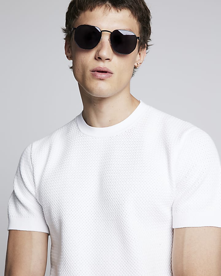 White slim fit textured knit t-shirt