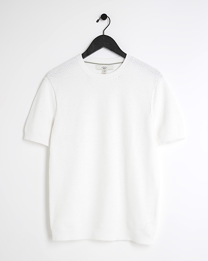 White slim fit textured knit t-shirt