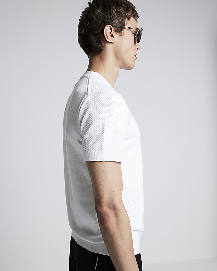 White slim fit textured knit t-shirt