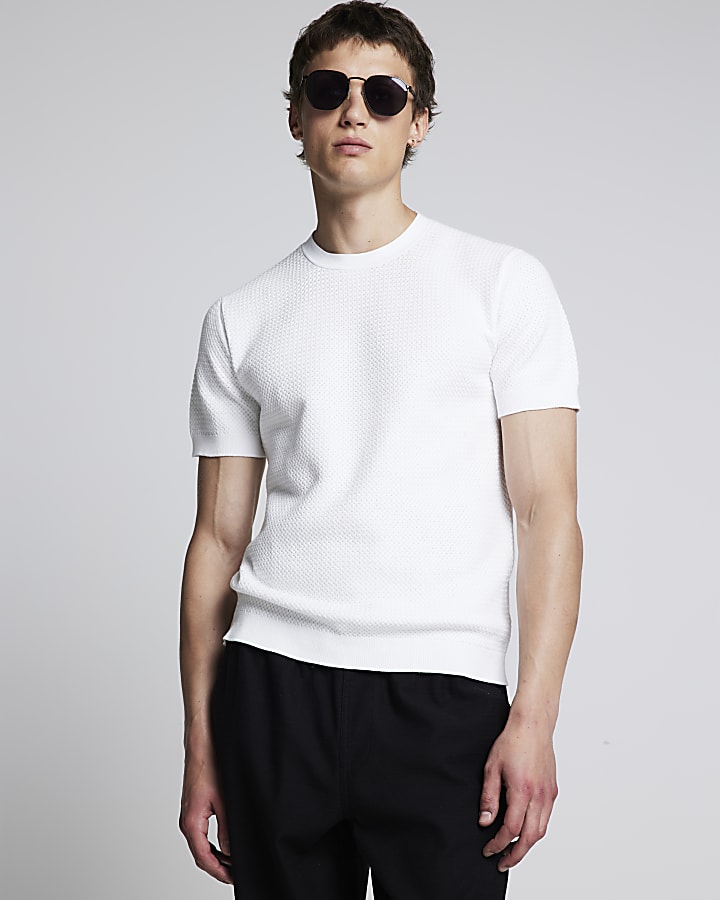 White slim fit textured knit t-shirt