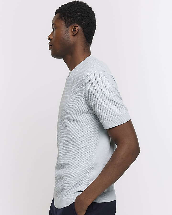 Blue slim fit textured knit t-shirt