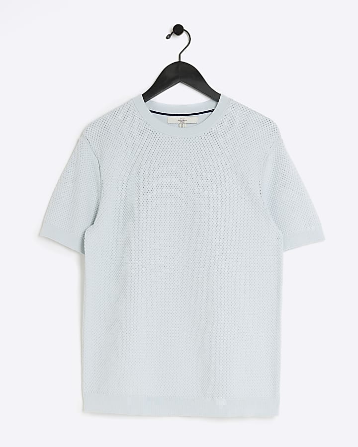 Blue slim fit textured knit t-shirt