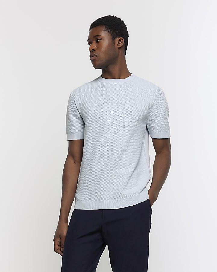 Blue slim fit textured knit t-shirt