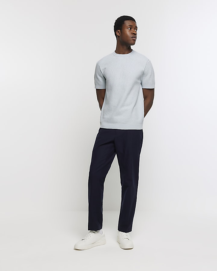 Blue slim fit textured knit t-shirt