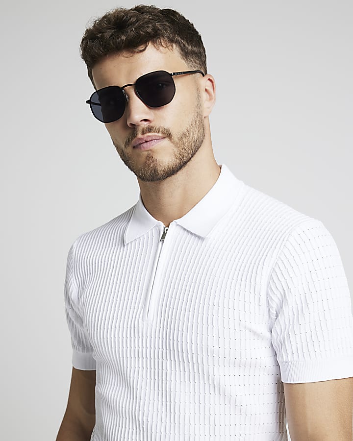 White muscle fit knitted half zip polo