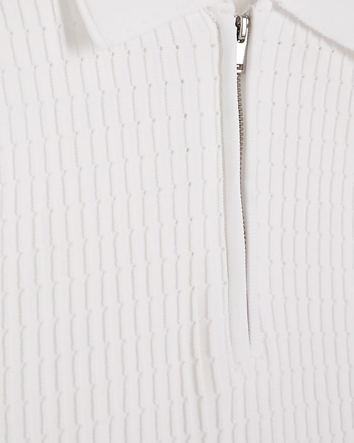 White muscle fit knitted half zip polo