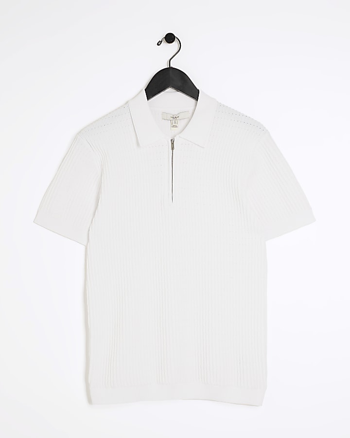 White muscle fit knitted half zip polo