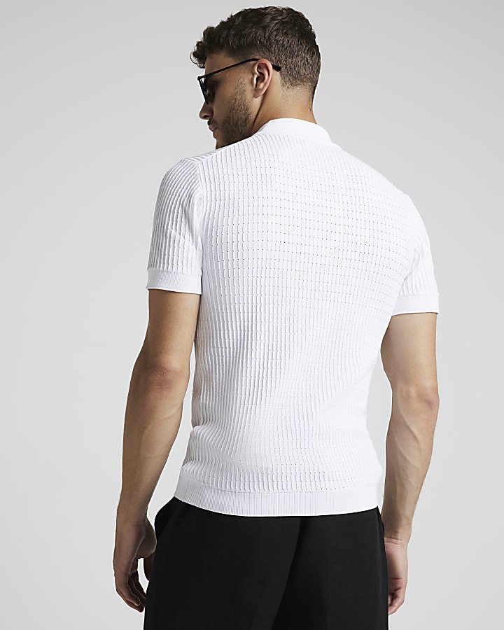 White muscle fit knitted half zip polo