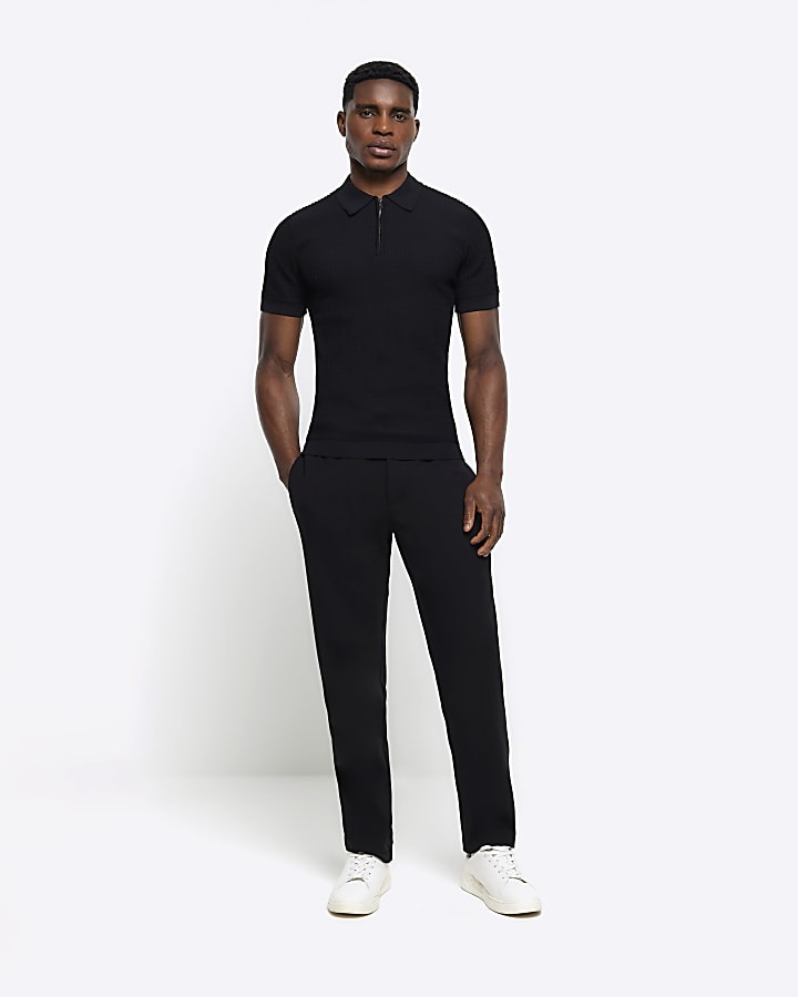 Black muscle fit knitted half zip polo