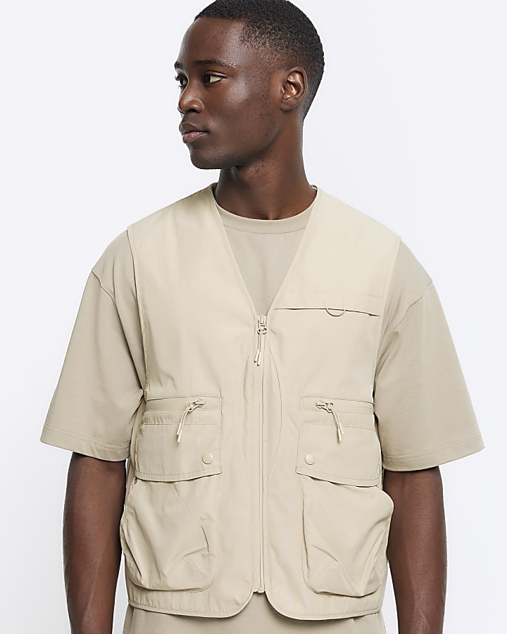 Beige regular fit utility gilet