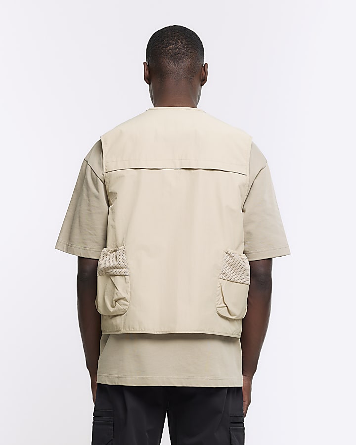 Beige regular fit utility gilet