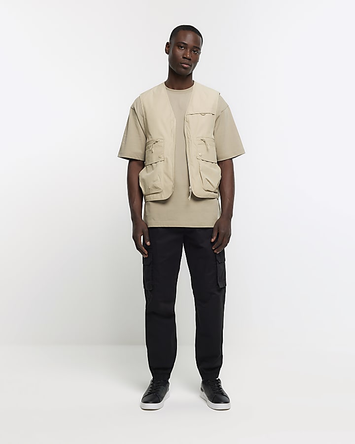 Beige regular fit utility gilet