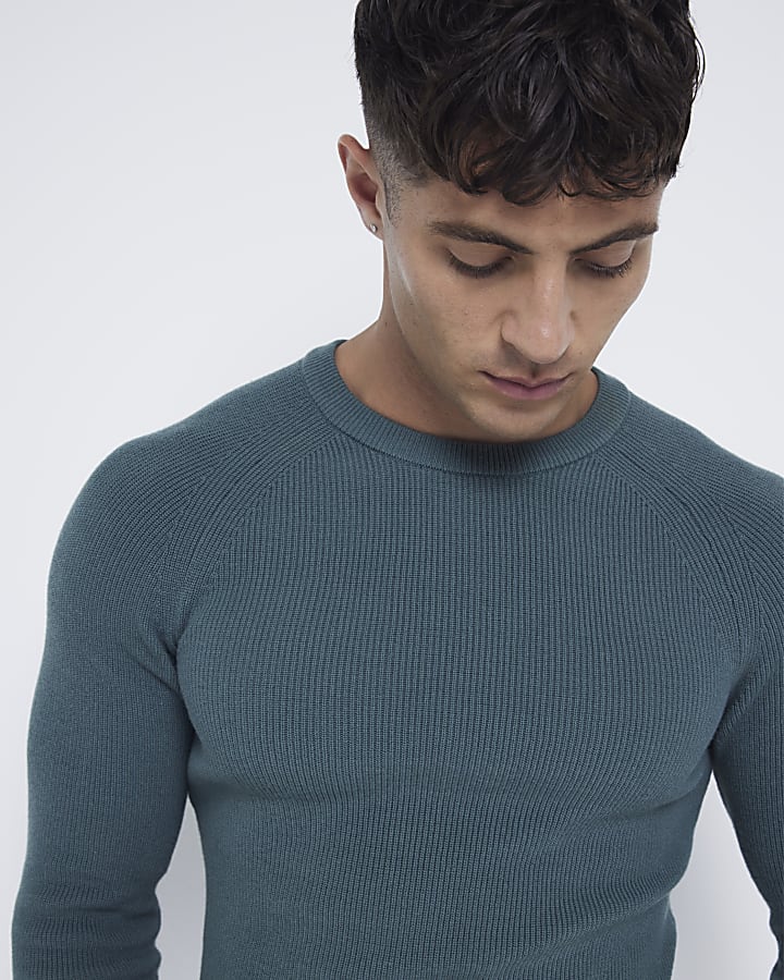 Green muscle fit knit rib jumper