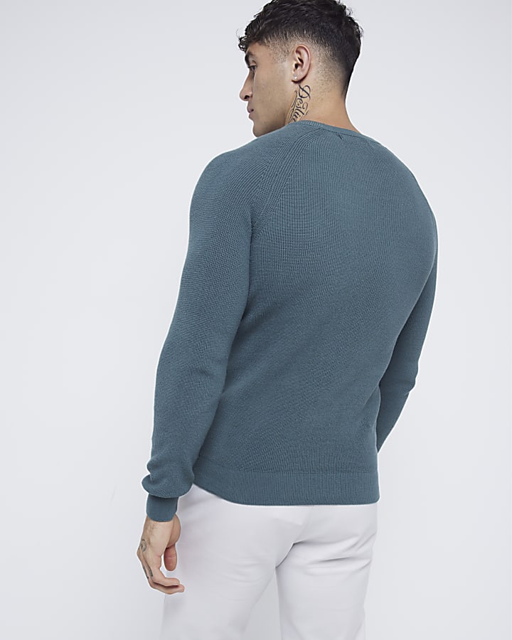 Green muscle fit knit rib jumper