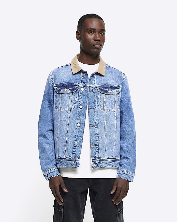 Blue regular corduroy collar denim jacket River Island