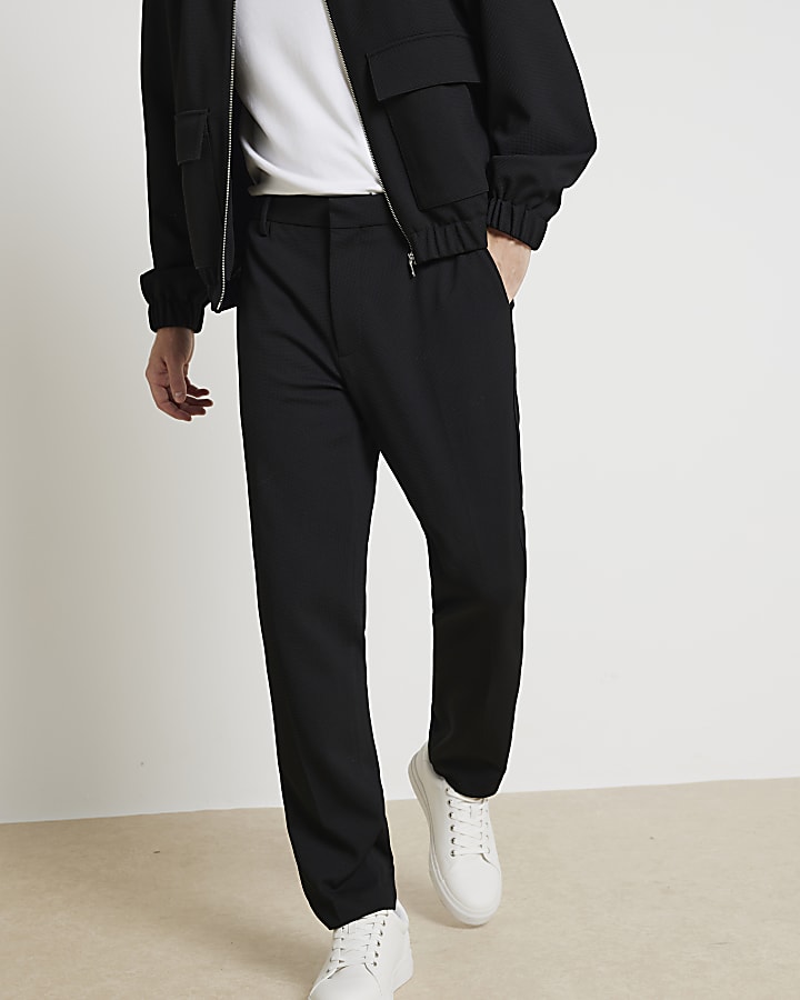 Black slim fit waffle textured smart trousers