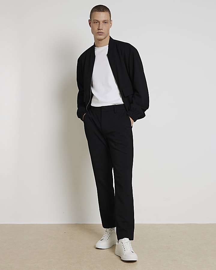 Black slim fit waffle textured smart trousers