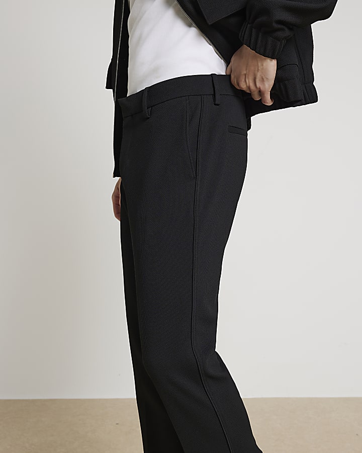 Black slim fit waffle textured smart trousers