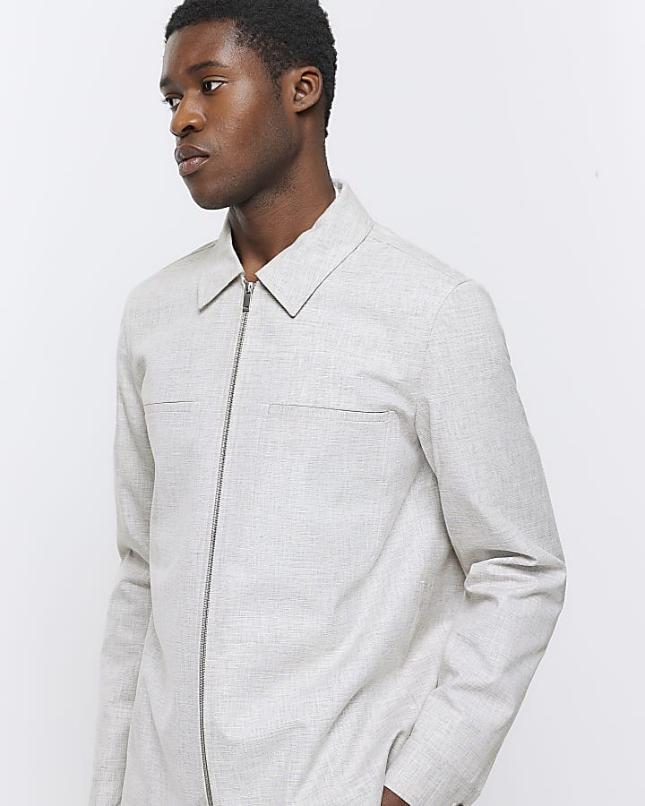 Grey slim fit textured Harrington jacket