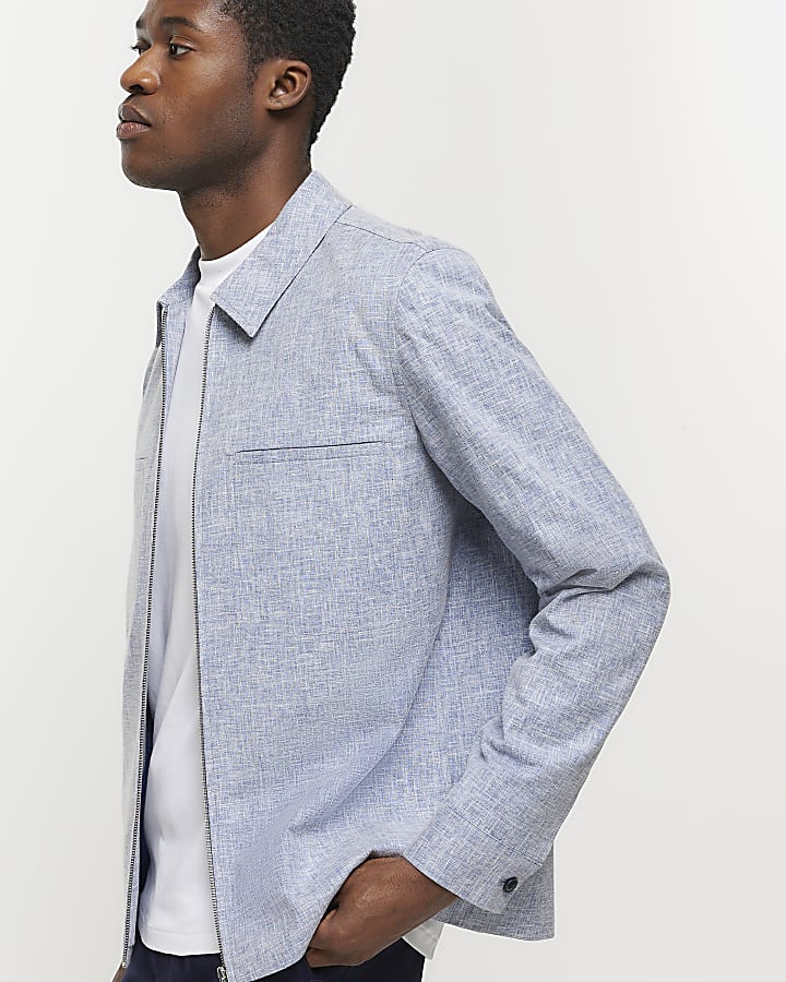 Blue slim fit textured Harrington jacket