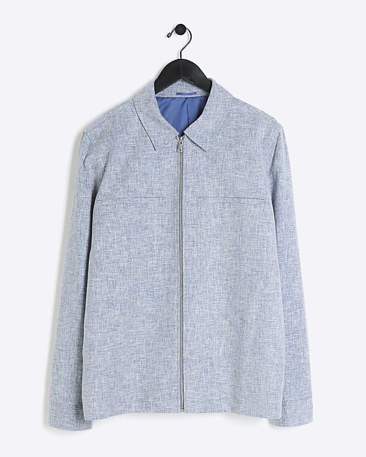 Blue slim fit textured Harrington jacket