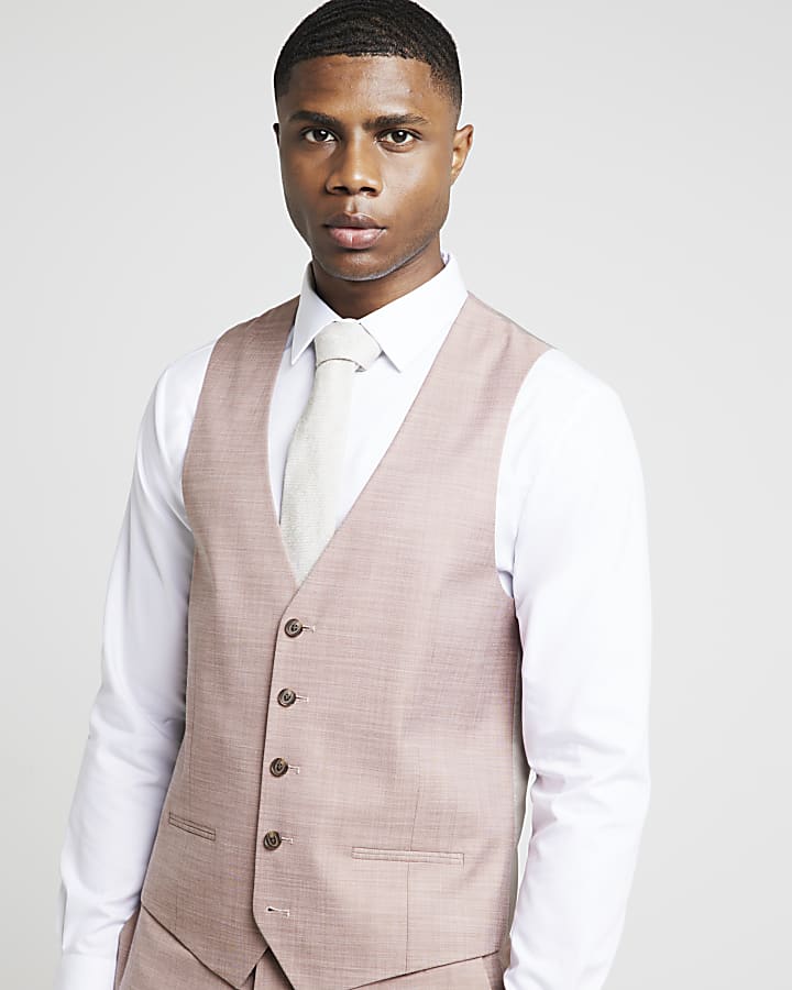 Pink slim fit textured waistcoat