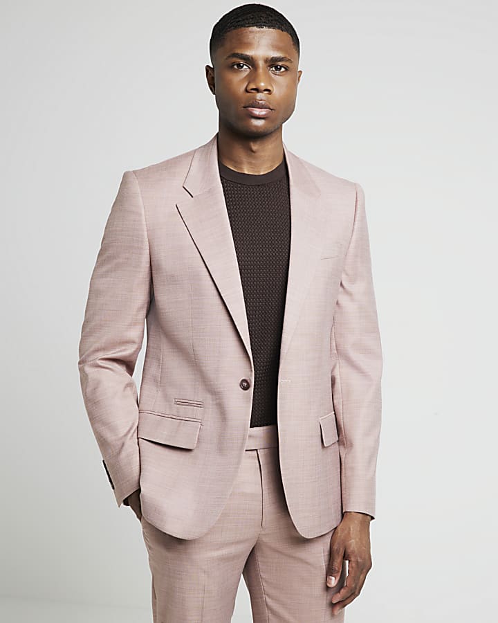 Pink slim fit textured suit jacket