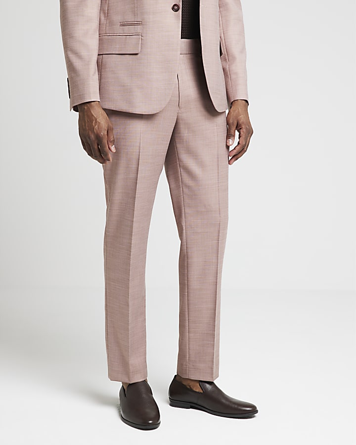 Pink slim fit textured suit trousers