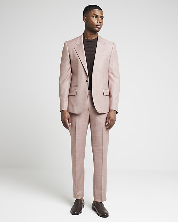 Pink slim fit textured suit trousers